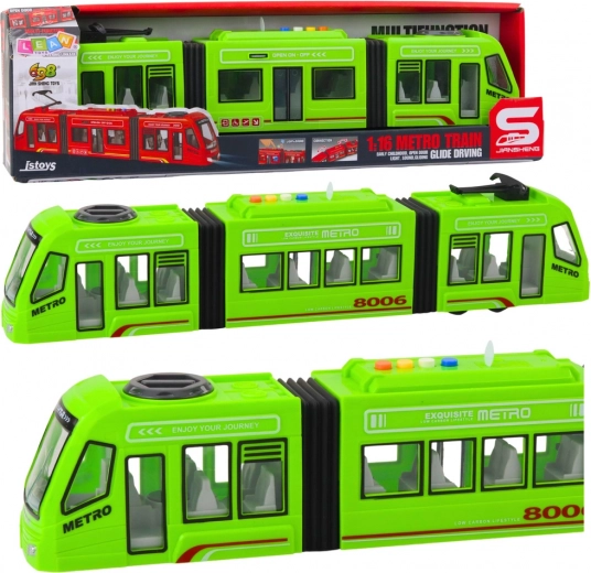 Grøn metro 1:16 med åbne døre, lys og lyde