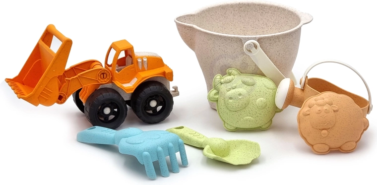 woopie green sandsæt med læssemaskine i spand, 7 dele, biologisk nedbrydeligt materiale
