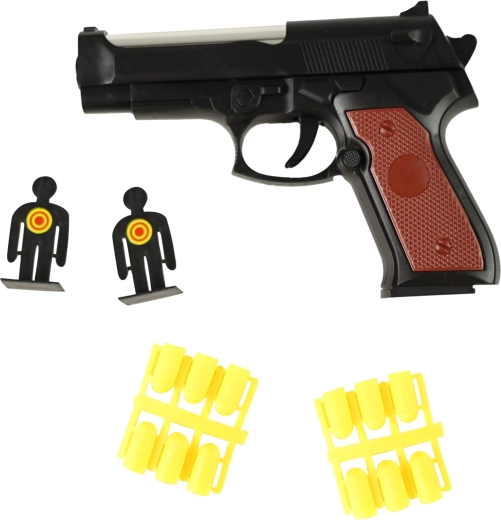 Plastpistol til gummikugler med sjove målskiver
