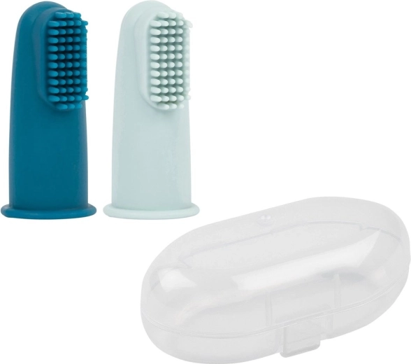 Nattou silikone-fingertandbørste med etui, petrol blue/aqua blue, 2 stk.