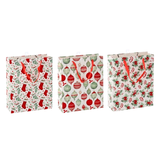 Gavepose til jul – mix af traditionelle motiver, 26 × 32 × 10 cm (pakke med 12 stk)