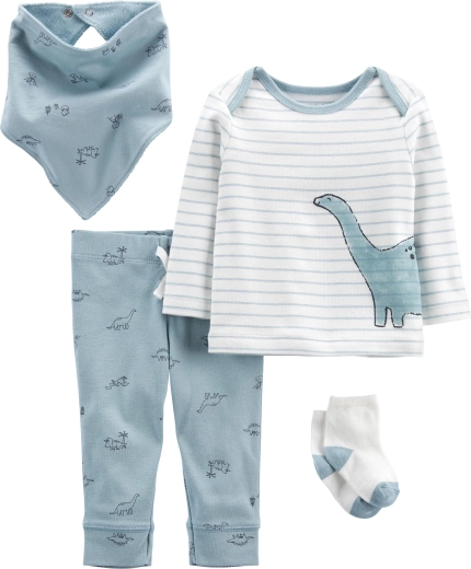 Carter's 4-delt sæt til drenge Blue Dino – langærmet T-shirt, joggingbukser, sokker og hagesmæk