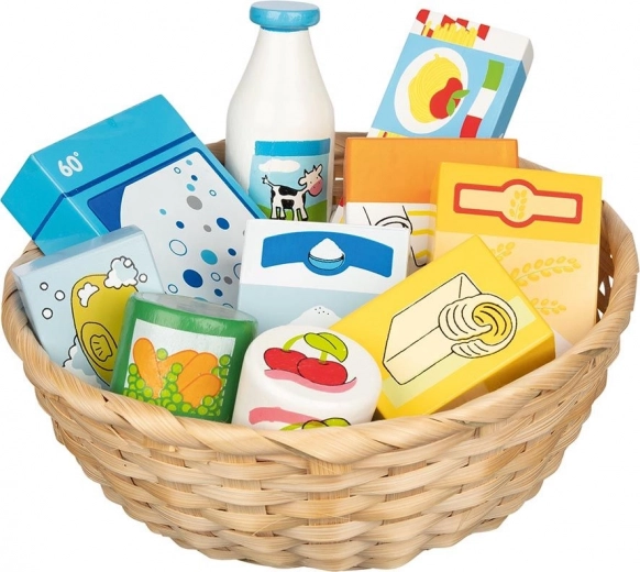 Træindkøbskurv med madvarer til børn