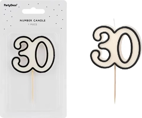 Fødselsdagslys tal 30 hvid-sort 5,5 cm