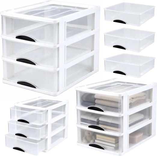 Multifunktionel organizer med 3 skuffer, hvid plastboks