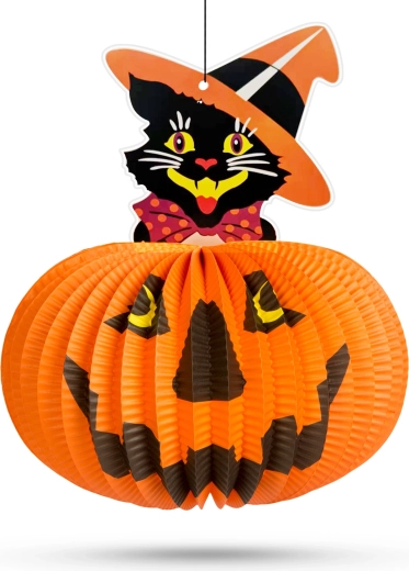 Halloween-papirlanterne som græskar med kattemotiv – 1 stk.