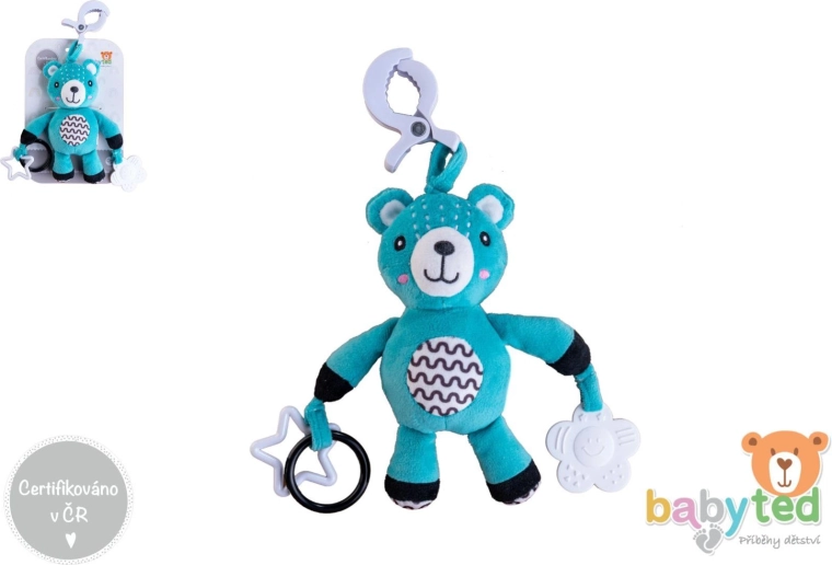 Plysbamse med rangle til barnevogn og vugge