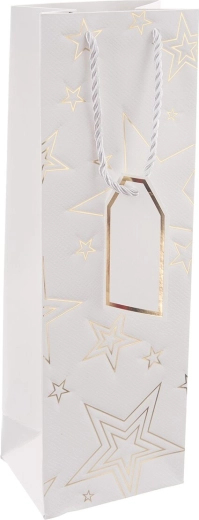 Papirgavepose til vin, hvid med stjernemotiv, 12 × 9 × 36 cm