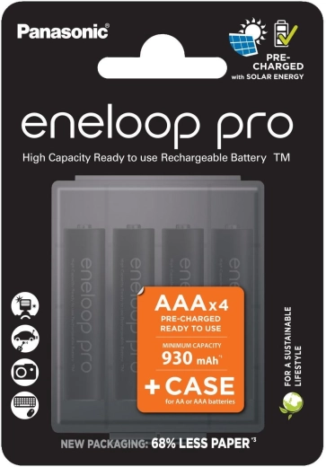 Genopladelige batterier AAA PANASONIC Eneloop Pro + opbevaringsboks, 4 stk