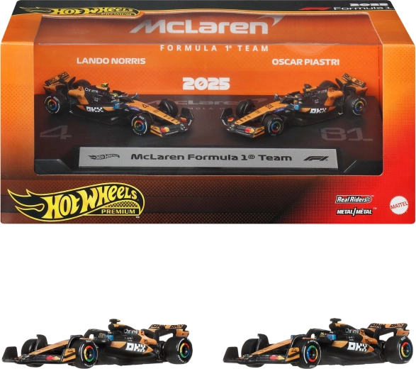 Hot Wheels Premium McLaren Formula 1 2025 – metalmodeller af Lando Norris og Oscar Piastri - 2 stk.