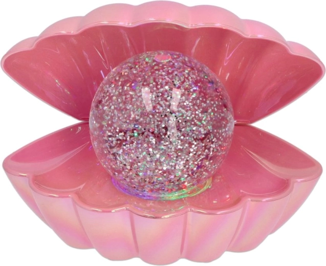 Dekorativ LED-lampe i muslingeform med glitrende kugle, pink