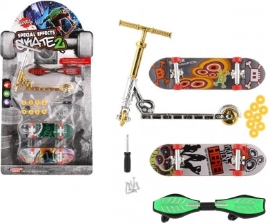 Sæt med finger-skateboards og løbehjul med skruebaserede tilbehør