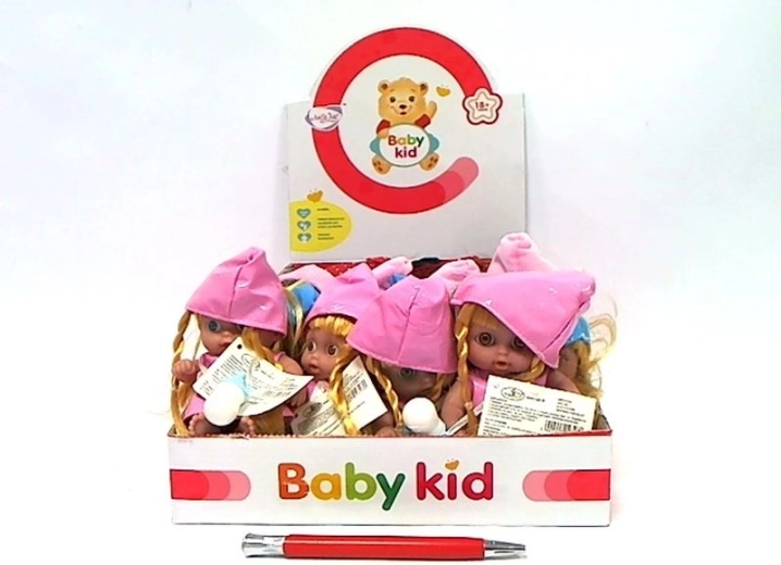 Mini-dukke med lyd i farverig hue 13 cm