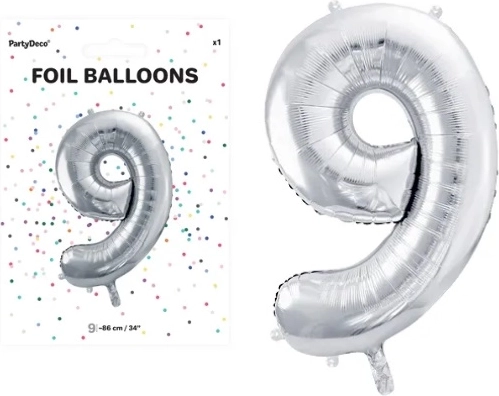 Folieballon tallet 9 sølvfarvet 86 cm