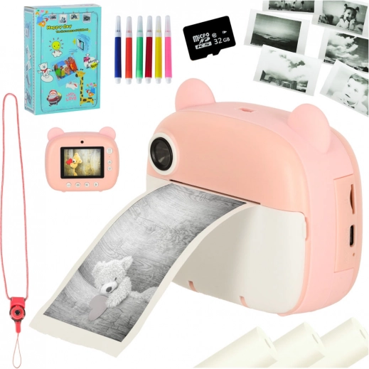 Børne instant-kamera med termisk printer – lyserød bamse, 32 GB kort