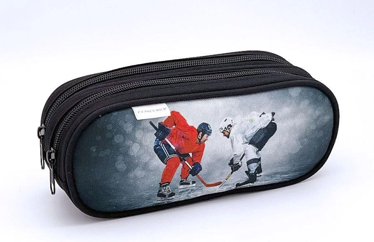 Etui med ishockeymotiv, 2 lynlåse, grå