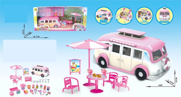 Pink sammenklappelig campingvogn med isbod og masser af tilbehør