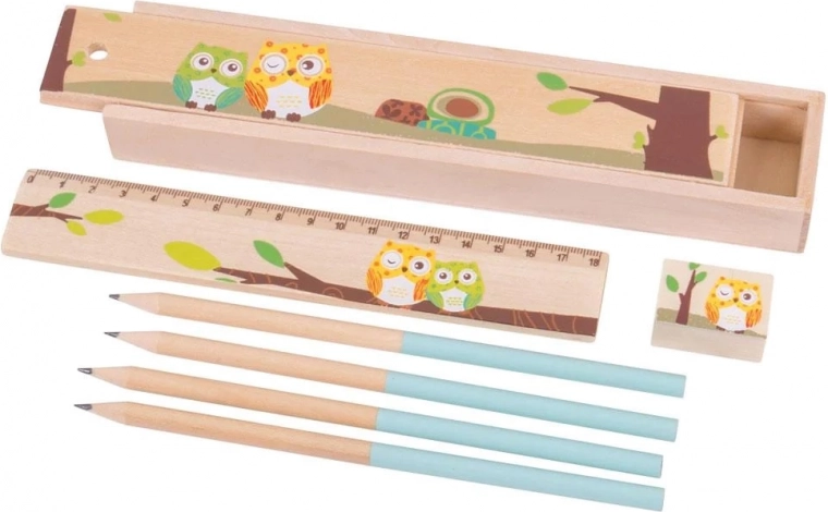 Træpenal med ugler Bigjigs Toys – blå