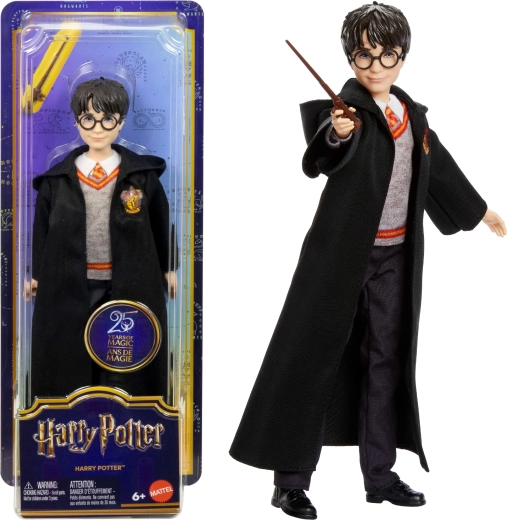 Harry Potter-dukke i Hogwarts-kappe med tryllestav