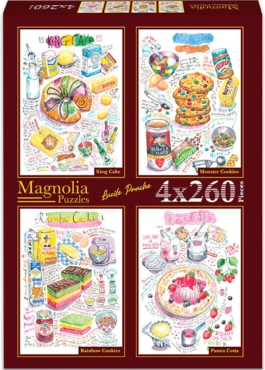Magnolia puslespil: sandkage, monsterkager, regnbuekager og panna cotta 4×260 brikker