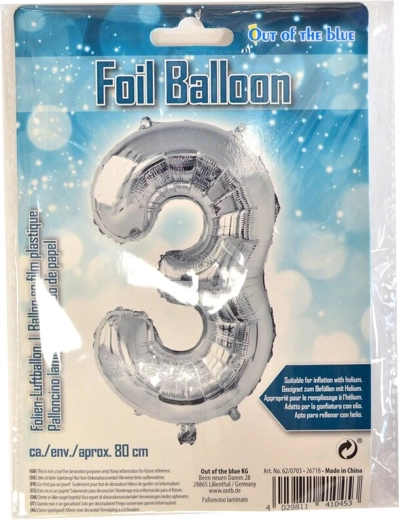 Sølv folieballon tal 3, 80 cm