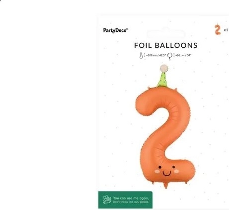 PartyDeco folieballon tal 2 orange med ansigt 86 cm