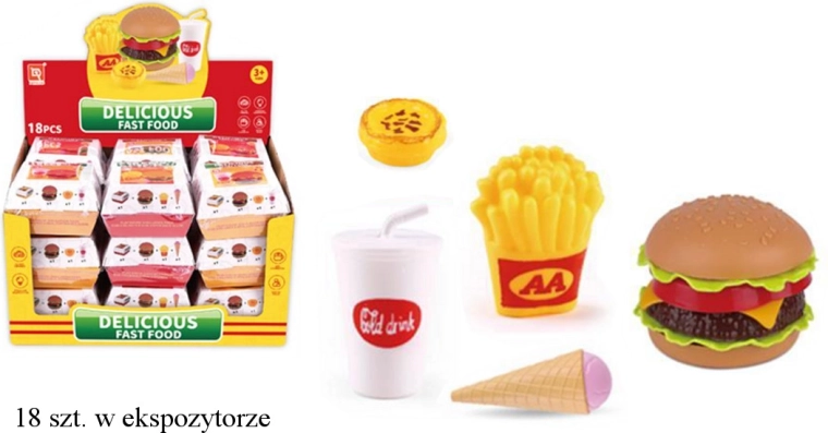 Børne fastfood-sæt – hamburger, pomfritter, drik og is