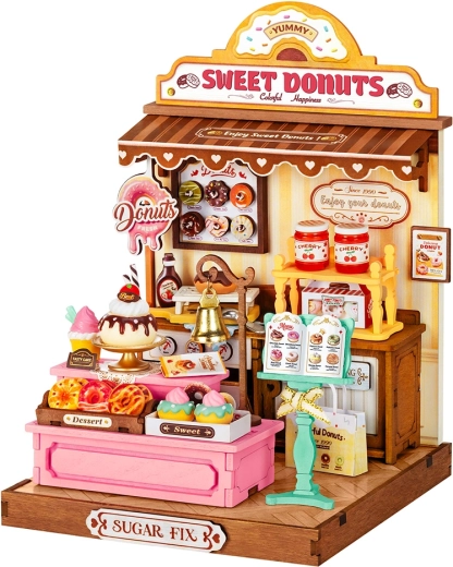 RoboTime 3D-træminiature af et donutbutikshus