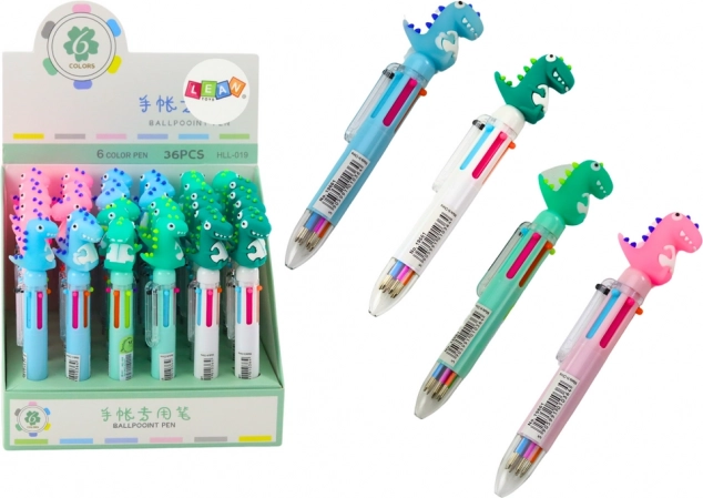 Multifarvet automatisk dinosaur-kuglepen 6 farver