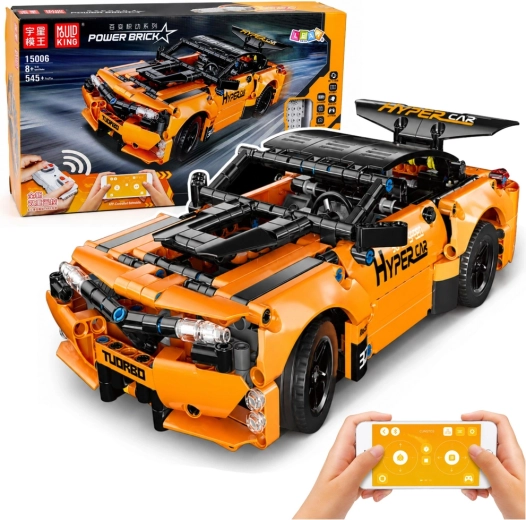 RC-sportsvogn med fjernstyring af byggesten, orange (545 dele)