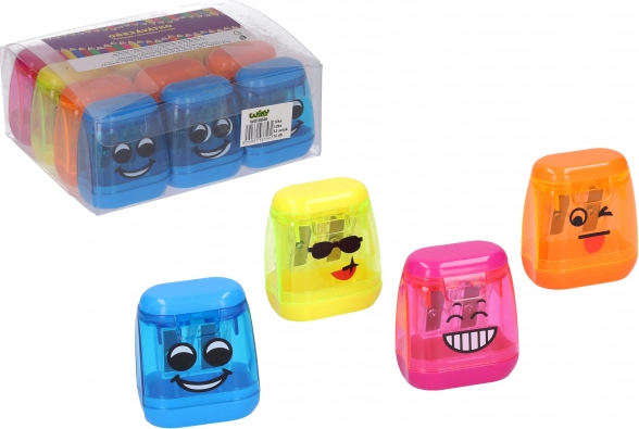 Dobbelt blyantspidser med beholder – smiley, transparent