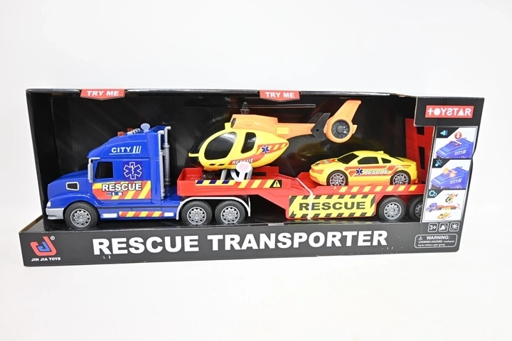 Legetøjssæt: autotransporter med kran, helikopter og bil med lys og lyd