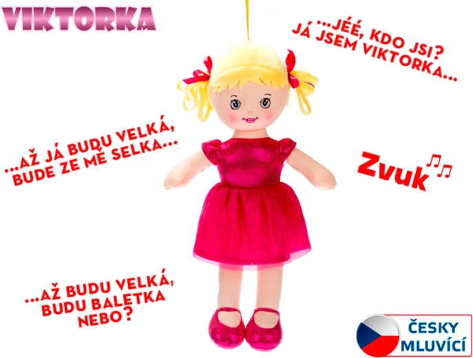Dukke Viktorka stof 32 cm, talende og syngende, mørkerosa