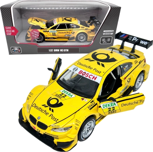Metalmodel BMW M3 DTM 1:32 gul med lys og lyd