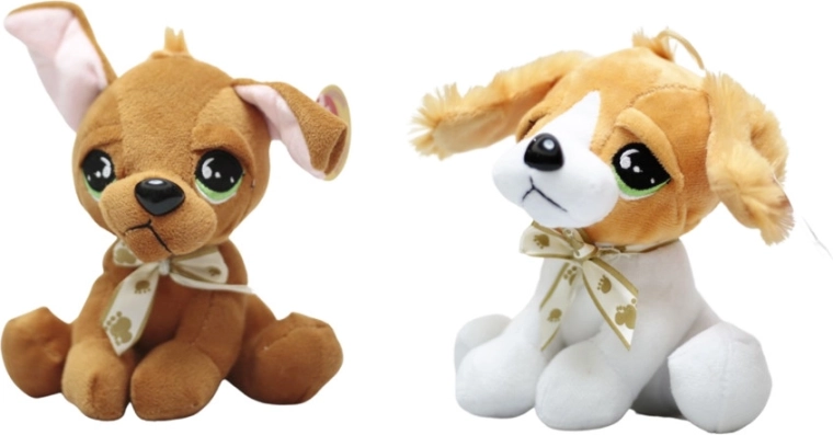 Plysset hund med store øjne og sløjfe