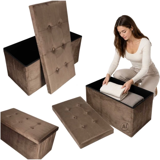 Sammenklappelig velourpuf med opbevaringsrum 77 × 38 × 37 cm brun