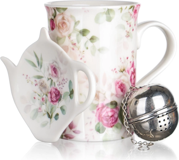 Tesæt med roser 340 ml – keramikkrus, si i rustfrit stål og underkop