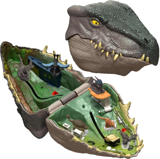 Bærbart dinosaurhoved, der gemmer en lege-verden