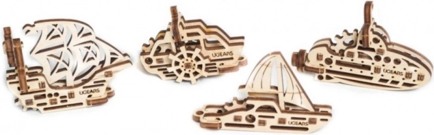 Ugears 3D mekaniske træpuslespil – 4 mekaniske vedhæng Fartøjer