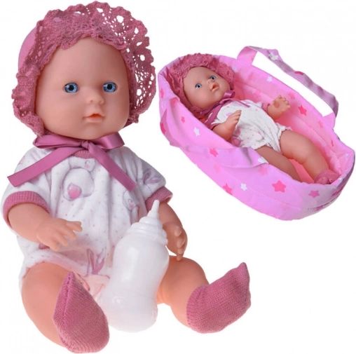 Stofdukke baby i bæresele drikker og tisser med flaske 30 cm