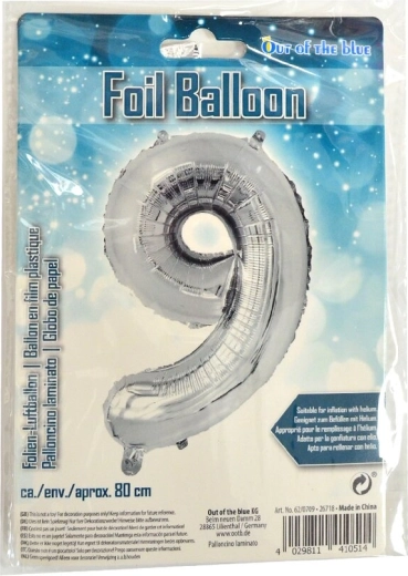 Sølv folieballon tal 9, 80 cm