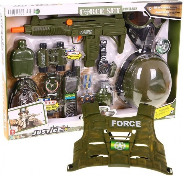 Militærsæt til børn, 15 dele med interaktive effekter, hjelm, vest, riffel og walkie-talkie