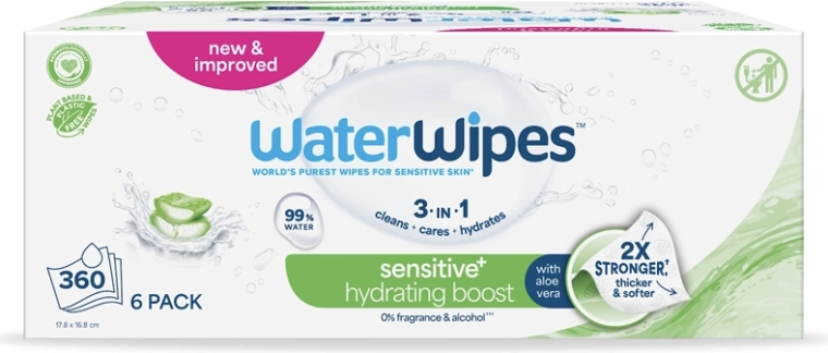 WaterWipes hydrerende vådservietter med aloe vera 3-i-1 6×60 stk. (360 stk.)