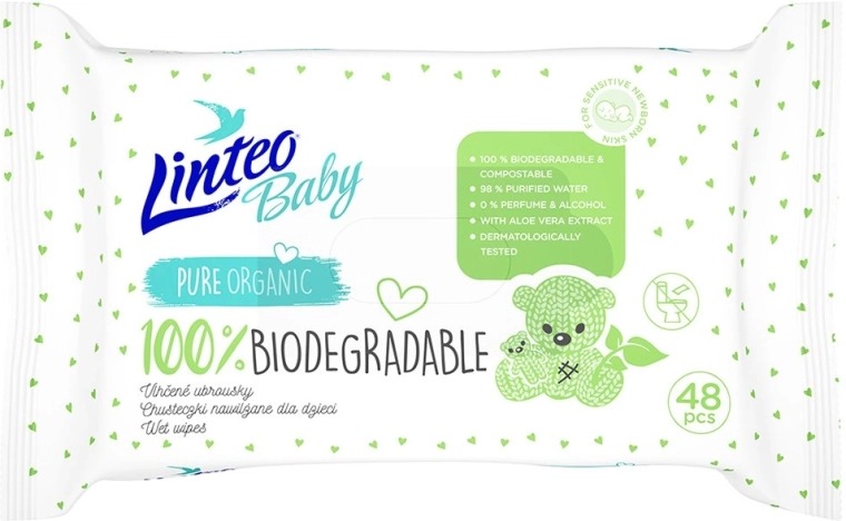 Linteo Baby vådservietter til børn 100% biologisk nedbrydelige 48 stk.