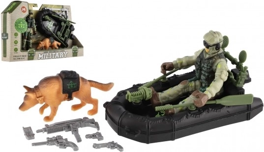 Militært action-sæt med oppustelig båd, soldat og hund