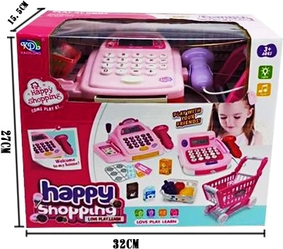 Kasseapparat med supermarkedsvogn og indkøb