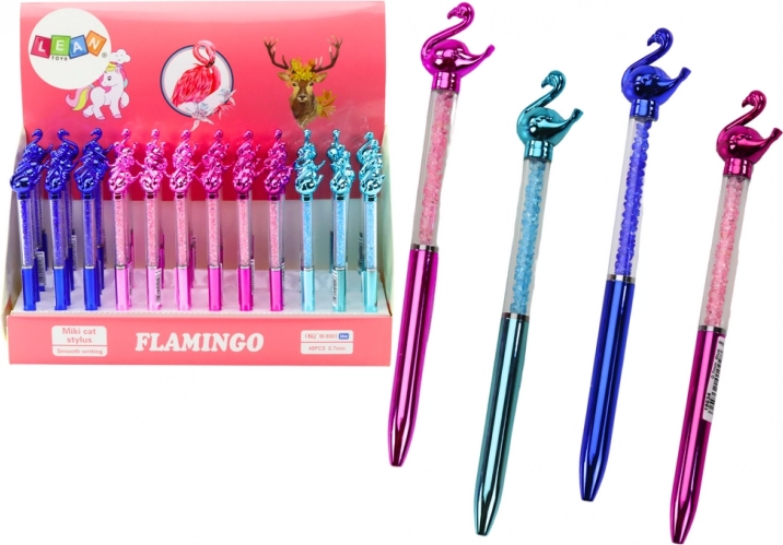 Kuglepen med flamingo og glitrende sten, blå patron 0,7 mm (mix af farver)