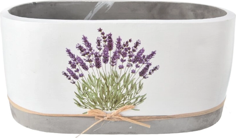 Blomsterkasse i betonlook med lavendelmotiv, hvid