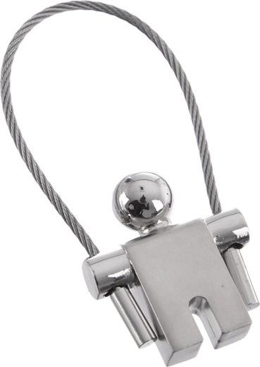 Nøglering i metal med stålwire i form af en lille figur