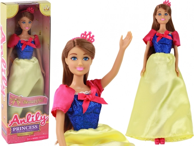 Dukke Anlily Prinsesse med langt mørkt hår og gule kjole